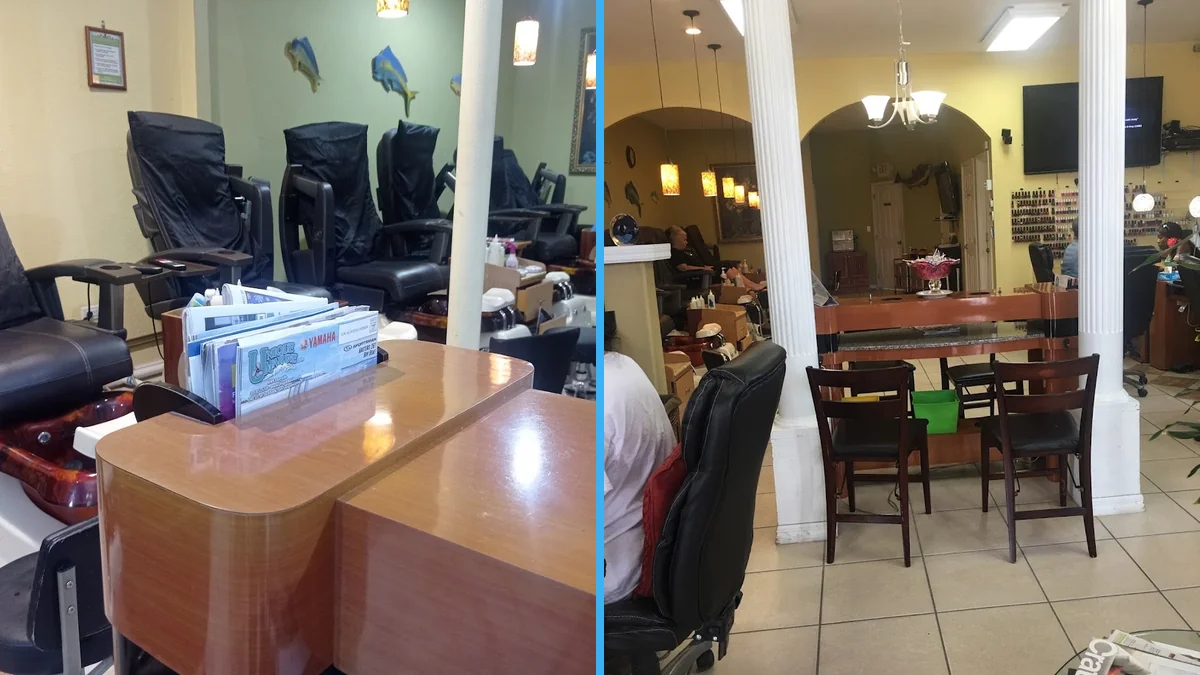 Clean nail salon interior with manicure stations.